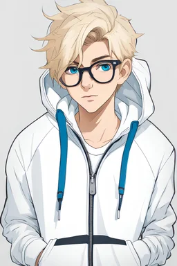 18-year-old boy with blond hair and a hairstyle with blue-colored eyes in a white zip-up hoodie with glasses