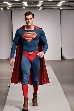 a guy winter fashion Superman runway with modern clothes inspired by Superman style clothes, embroidery elegant fashion beige tones