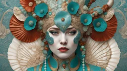 Beautiful woman portrait, adorned with m white blue and turquoise metallic filigree floral embossed and jade and malachite ribbed mineral stone colours and beige eggshell ocous and sea horse colour and brown and coralls red mollusk shell headdress, venetian style mollusk shell face masque and wearing sea costume armour ribbed with irridescent bioluminescense Golden dust and mollusk shell ribbed costume organic bio spinal ribbed detail of full extremely detailed hyperre
