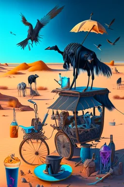 Surrealism abstract scene of an astraunot in the desert drinking tea, an ice cream stand, broken tricycle,.dead fish, black crow, a cow and a skull, hyper realistic, 8k quality, striking colours