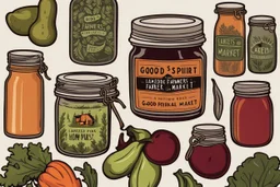 Stickers for a lakeside farmers' market "Good Spirit Market" in a national parks sticker style, featuring illustrations of home preserves.