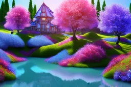 monde en fleurs, blue lake, flower tree-houses, concept art, crépuscule , fuksia bleu oranger, vibrant Color, réaliste, riviere bleu, tree-house bougainvillier, roses