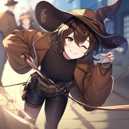 Clear focus, High resolution, short brown spiky hair, hair between eyes, eyes closed, wearing a brown detective hat, wearing a brown jacket and a black shirt, wearing black shorts, 1girl, pulling at down, smiling