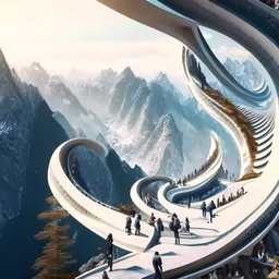 perspective viewpoint in the mountains, in the form of an ascending spiral, people, men, women and children, incredibly hyper-detailed, ZahanHadid style architecture 4k