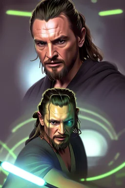 Step into the captivating photograph, where the legendary Qui-Gon Jinn, a wise Jedi Master, commands attention! With astonishing hyper-realism, Qui-Gon, in the prime of his 20s, wears an intriguing scifi-inspired outfit. The backdrop features a lush and vibrant jungle, adding a sense of mystery and adventure to the scene.