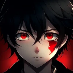 anime sad boy black hair red eyes