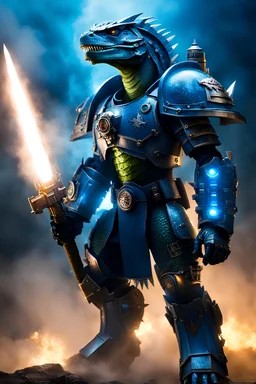 Warhammer 40k, Lizardman in Terminator Armour, full body image, ready to the battle field, visor-helmet, shimmering metal, fog in the background, mythical raytracing, arcane glow, energy sparks emanating from the armour, visor glowing in a luminous and vibrant blue