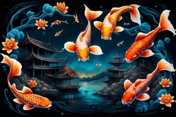 nice vibrant color koi fishes floating and flying on the dark sky over the weird surreal ancient city, around in the desert wird dark plants, death trees, pale light, splash art, melting, deep dark colors with metallic lines.high detailed, cinematic, weird art style ,masterpiece, fantasy, sci-fi concept art, dynamic lighting, hyperdetailed, intricately detailed, Splash screen art, surreal art, crepy stunning