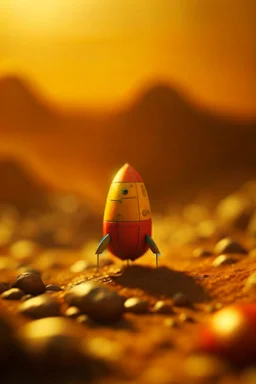 rock rocket on hazy yellow orange bog planet, photo-realistic, shot on Hasselblad h6d-400c, zeiss prime lens, bokeh like f/0.8, tilt-shift lens 8k, high detail, smooth render, down-light, unreal eng