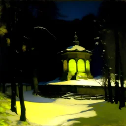 A temple at nighttime covered in snow painted by Edgar Degas