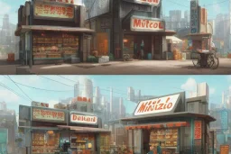 a highly detailed matte painting of a single small building, donut snack bar with take away counter with sign by studio ghibli, makoto shinkai, by artgerm, by wlop, by greg rutkowski, volumetric lighting, cyberpunk, octane render, 4k resolution, trending on artstation, masterpiece