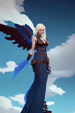 blue sky clouds, blonde steampunk angel in a flowing gown, majestic