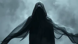 In a mesmerizing and ethereal manner, an otherworldly being emerges in the form of a translucent grey hood ghost. flowing smoky black robes. Forward facing