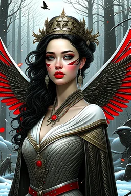 Magic camping site, beautiful angel, ornate dress uniform, casting spell water snow fly, black wavy hair, enchanted fantasy, cinematic composition, very detailed red machine components, one camera lens eye and shiny black hair, hazel green eyes, 24k, ornate, intricate, complex, digital painting, smooth, art by royo and tom bagshaw.