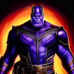 Ultra detailed fullbody Portrait in oil on canvas of Thanos villain with Armor ,extremely detailed digital painting, extremely detailed face,crystal clear Big Glowing red eyes, mystical colors ,perfectly centered image, perfect composition, rim light, beautiful lighting, 8k, stunning scene, raytracing, anatomically correct, in the style of robert e howard and Ken Kelley and Ohrai Noriyoshi and Simon Bisley and tomzj1