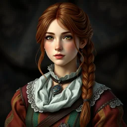 A pretty fantasy girl, hazel hair, intelligent, historical, colourful clothes, middle-aged, Skyrim