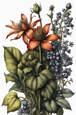 botanical pen and ink illustration, ultra realistic, award-winning: atmospheric: commanding: fantastical: clarity: 16k: ultra quality: striking: brilliance: stunning colors: masterfully crafted in the style of Albrecht Durer
