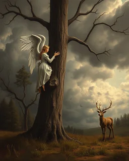 Bosch painting style, nightmare , an angel tided up to a tree , And a deer is watching her sadly, great quality picture with cinematic scenes , heavy clouds in the background