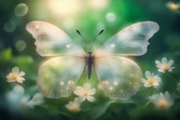 diaphanous transparent light butterfly with glowing center on green leaves and flowers, ethereal, otherwordly, cinematic postprocessing, bokeh, dof