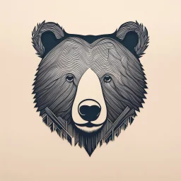 M shaped bear head combined with woods silhouette in background, letterpress style, minimalistic pencil art