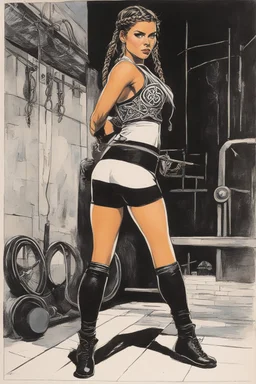 a Celtic girl with braids in a dark tight sport outfit, she does gym, panting [Original and final cover art and five interior illustrations by underground comix artist, Spain Rodriguez, from the German edition of Charles Bukowski’s book, Women, circa 1980’s.]