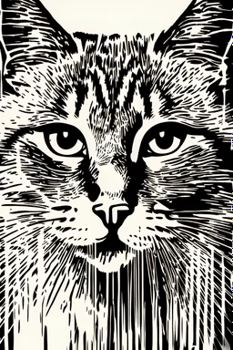 street art stencil of a cat face with lasers shooting from its eyes