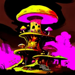 A fantabulous black, yellow, and magenta (((mushroom tower house))) erected atop a (geologic pillar), surrounded by the uncanny imaginative ((( swirling skies))), offset by the stark hues of a (neon-tinged nebulous space scape), within. captured by the hand a skilled master painter with a focus on (softly blurred compositions and voluminous lighting).