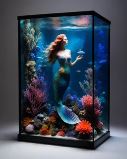 an beautiful mermaid in glass box aquarium on a display,glass flowers, high quality product image ,coral reef, flora and fauna, cosmic nebula, dark background christian dior style, with frozen flowers around her, stunning-design, beutifull, side profile artwork, glass paint, multicoloured, displayed, backlight