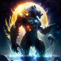 A terrifying creature combining water and sun with the powers of a werewolf and Dracula A battle suit made of galaxies and stars with a glove that has seven endless stones