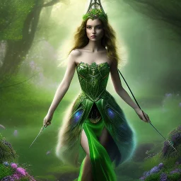 delicate hands with magic sceptre, halo, upper body of dark celtic in wonderland, fast walker, as a brunette young cute feminine woman, short hair, green forest background, pond, mega flowers,peacock,sun light