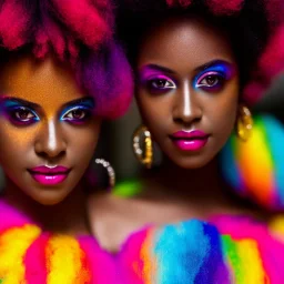 full body shot, masterpiece, best quality, family of three, dark skinned, sparkling eyes, fluorescent skin, colorful makeup, afro, highly detailed body, sun light, 4K, RAW, depth of field, high contrast, realistic details, 24mm