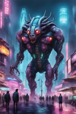 cities of the future cyberpunk in the monster stands on its hind legs