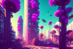 city, flowers, trees, sunny day, spring, sci-fi, cyberpunk influence