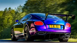A sleek (((racing purple bentley gt3))),, cutting through a (((clear bright blue morning sky)))