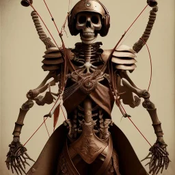 a skeleton archer holding a bow in his hand, steam punk, realistic, made in octane, cinematic, ultra-realistic, extremely detailed octane rendering, 8K, VRAY Super Real ar 2:3, dof photorealistic futuristic 50mm lens hard lighting dark gray tintype photograph, realistic lighting, sepia color