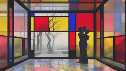 A colorful abstract interior scene with a large window overlooking a (misty outdoor landscape. In the foreground, there is a silhouetted sculpture of two embracing figures against a backdrop of vibrant geometric shapes and patterns in red, yellow, and blue)