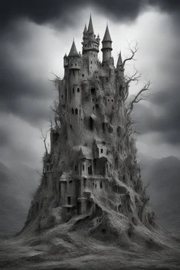 surrealis monochrome A fragmented, surreal sculpture liguid color of photorealistic image 3d,psychedelic art of an castle surrounded by mountainsglossy emerging from dreamlike a crumbling building. The face appears pale with deep cracks and intricate details, evoking a haunting expression. Blackened tree branches intertwine with the gold mengkilat cracks, set against a backdrop of stormy, cloud-filled skies. bauhaus art The overall tone is dark and moody, suggesting themes of decay and transform