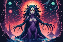 Demon girl wizard behind, cosmic horror, nightmare, galaxy in eyes with dread, truth, alien underwater, fullbody, 8bits, pixel art,