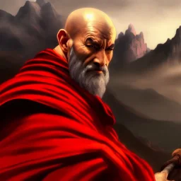 Portrait of a monk, red robe, mountain background, fog, grimdark, Frank Frazetta, Greg Rutkowski, hyperdetailed, dnd, trending on Artstation, Splash screen art, dynamic lighting, hyperdetailed, intricately detailed, a masterpiece, 8k resolution