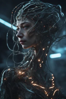 fullbody, creepy, horrifying, sinister, many wires connected to the head<perfect pupil> <cyborg> <garage> <sci-fi futuristic> Demon girl, lumen lighting, led lights, sparks around her, sparks cybernetic,Rare parasite creature Holding a membranous cocoon high lighting, intricate, 8k, macro photography,