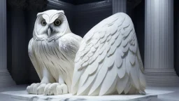 hyper realistic render of a giant owl carved out of white marble, sculpture is displayed inside of a big art exhibit