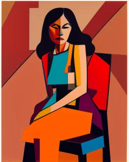 painting of a tired woman sitting on a chair, cubist vibe, sleeveless, oilpaint, variations around female, scarlet and orange blast color dynamics, 1970s philippines, family portrait,centre composition, viet aspect