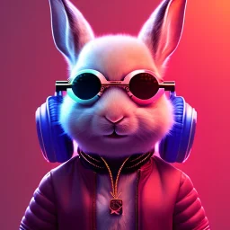 pixar style anamorphic cute smiling baby rabbit, smiling, cyberpunk headphone, sunglass, gangsta gold necklaces, full body, magenta puffer jacket, manila city background, dramatic lighting, hyper realistic, unreal engine 5, 16k