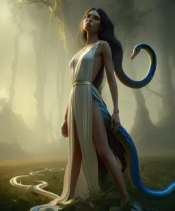 Holy Virgin, celestial light, beautiful, long fabric dress, beautiful long black hair to the waist, big snake resting on shoulders, holding snake, head and shoulders portrait, 8k resolution concept art portrait by Greg Rutkowski, Unreal Engine 5 volumetric lighting