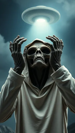 The creature from the the movie Prometheus with white hooded clothes raises hands up and looking at ufo in the sky front view