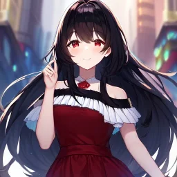 Clear focus, high resolution, black long fluffy hair, red eyes, wearing a cute outfit, kawaii