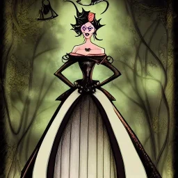 extrem tim burton style and disney style of an old and extrem malicious stepmother, sharp focus, sneaky eyes, old face