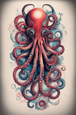 Create a captivating modern 2d colorfull ink tattoo design for print , prestigious (Japanese Octopus) using the elegant influences of japan art style, for print, dynamic elements from fashion and design, and bold Japanese contemporary art aesthetics, framing centered in the center, distanced from the edges of the paper perimeter, perfect anatomy, bauhaus, Divine Proportion,