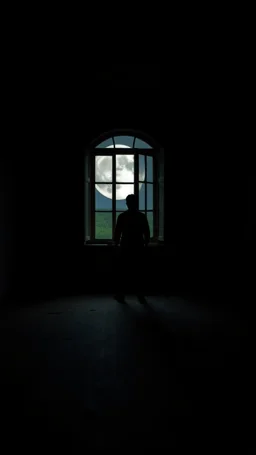 an abandoned room and dark room a man standing looking in to the window behind the window there is a moon