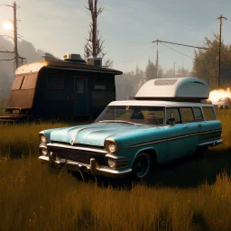 happy cute model sitting on roof of a caravan, wreckfest, spectacular graphics, unreal, road, bridge, fallout 4, mutant cow